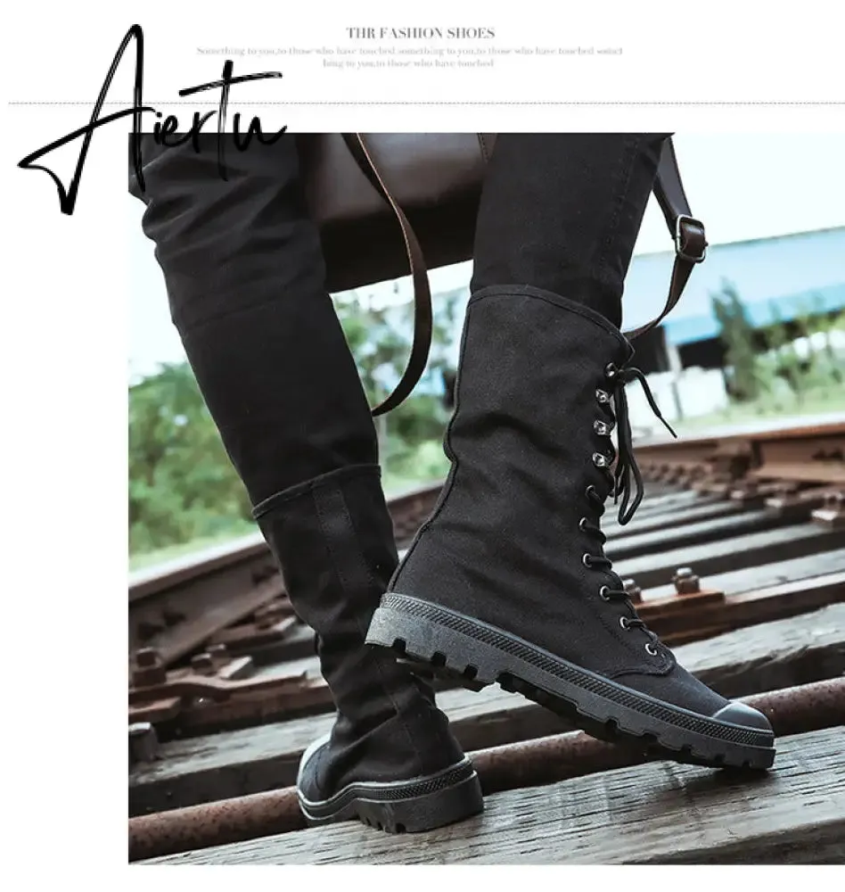 Aiertu Men Boots Spring Fashion Men Casual Shoes Mid-calf Male Military Tactical Boots Lace Up Comfortable Man Sneakers