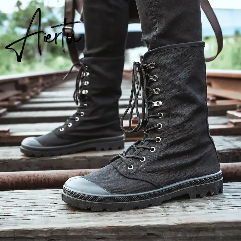 Aiertu Men Boots Spring Fashion Men Casual Shoes Mid-calf Male Military Tactical Boots Lace Up Comfortable Man Sneakers