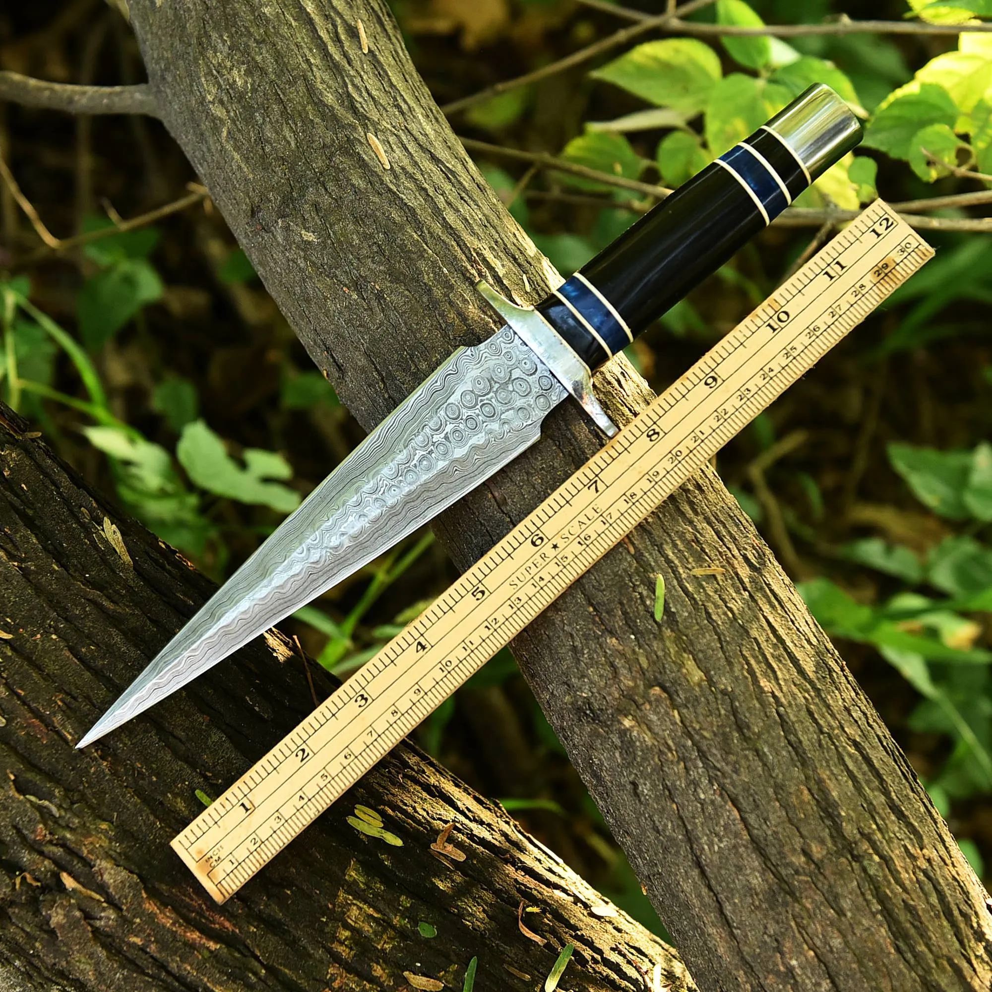 Arkansas ToothPick Damascus Dual Edged Blade knife - Bull Horn & Resin Handle