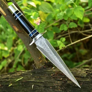 Arkansas ToothPick Damascus Dual Edged Blade knife - Bull Horn & Resin Handle