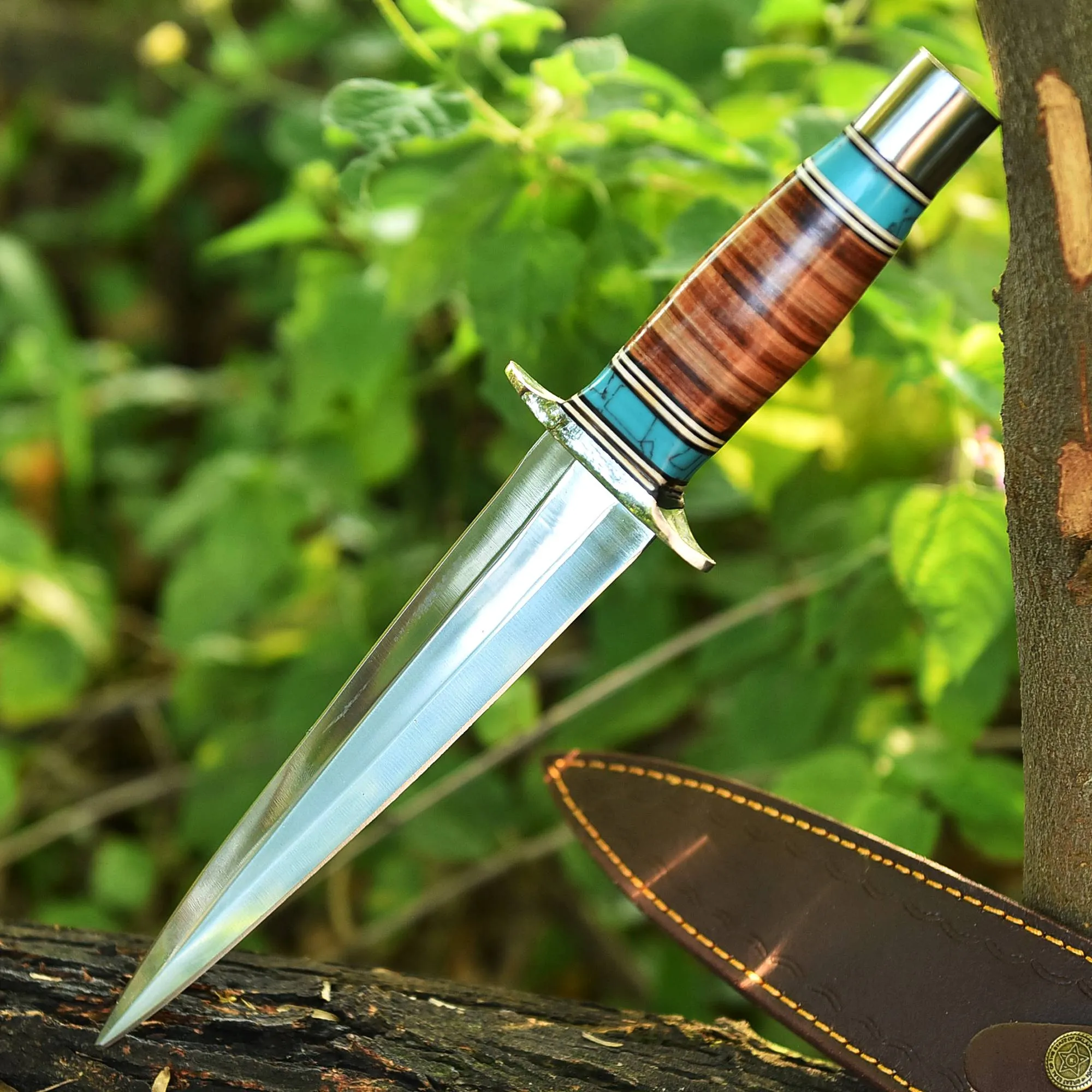 Arkansas ToothPick Dual Edged Blade knife - Leather Stacked Handle