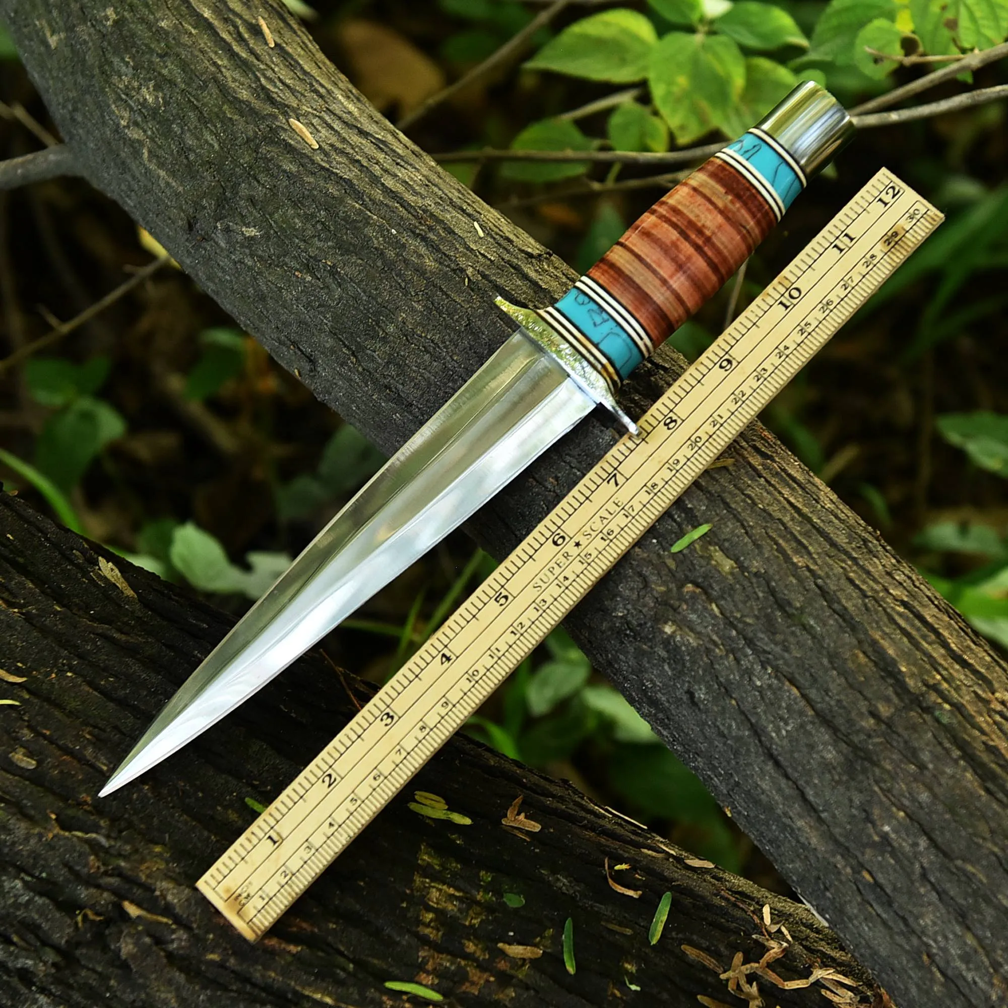 Arkansas ToothPick Dual Edged Blade knife - Leather Stacked Handle