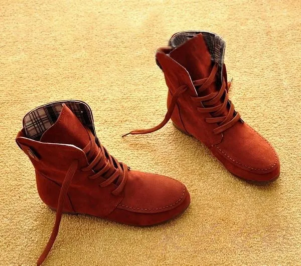 Autumn Solid Color Lace Up Flat Short Boots