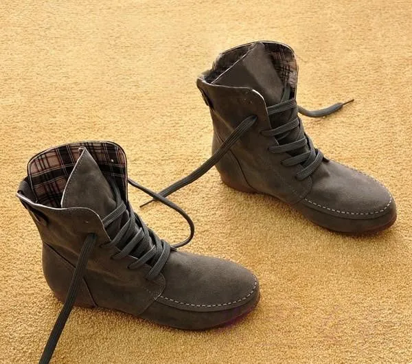 Autumn Solid Color Lace Up Flat Short Boots