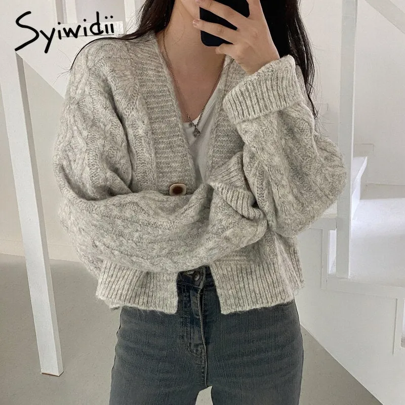 Back to College Joskaa Vintage Criss Cross Woman Crop Sweater Autumn Winter 2024 New Cardigan Long Sleeve V Neck Button Up Casual Knitted Coat