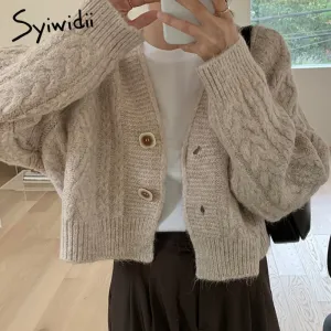 Back to College Joskaa Vintage Criss Cross Woman Crop Sweater Autumn Winter 2024 New Cardigan Long Sleeve V Neck Button Up Casual Knitted Coat