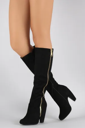 Bamboo Suede Side Zipper Heeled Knee High Boots