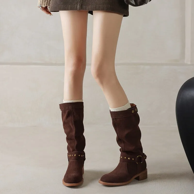 Belted Suede Leather Riding Boots Low Block Heel Mid Calf Boots in Black/Brown/Green