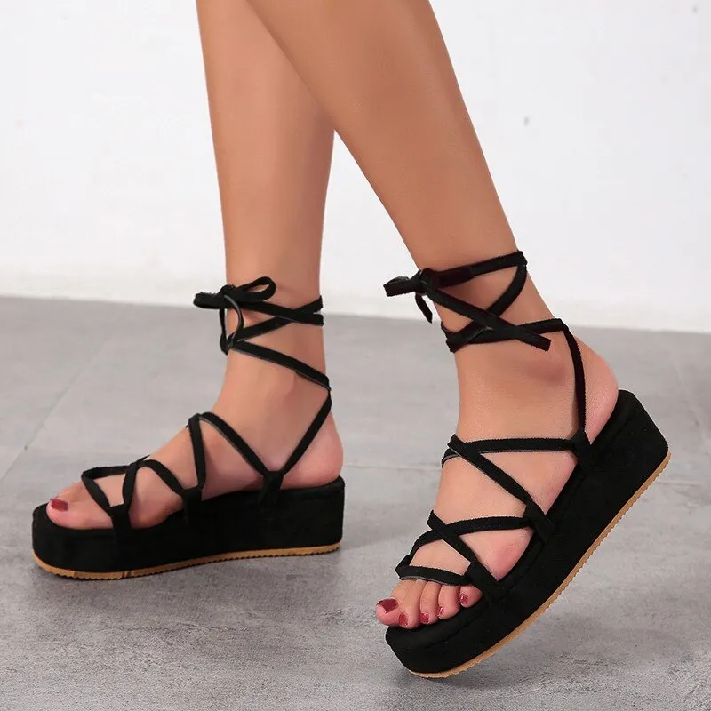 BerriesJam - Cross Tie Open Toe Thick Bottom Platform Comfortable Shoes