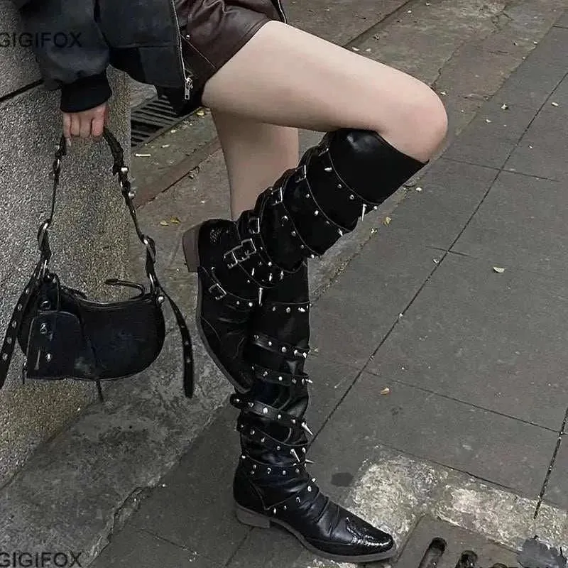 Biker Boots Women -Women Buckle Knee High Boots Winter Knee High Boots