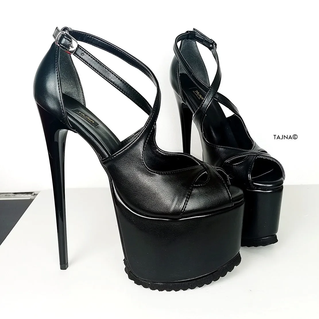 Black Cross Strap Serrated Sole Heels