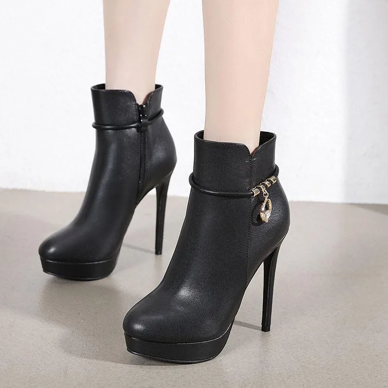 Black PU Platform Zipper High Heel Ankle Boots