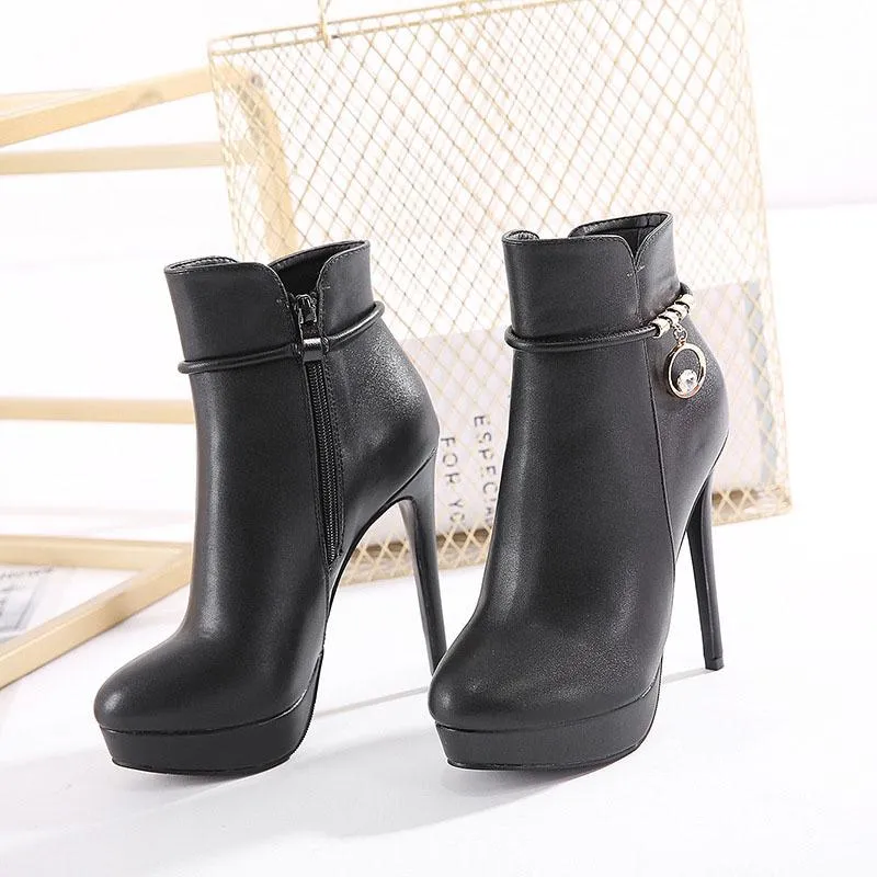 Black PU Platform Zipper High Heel Ankle Boots