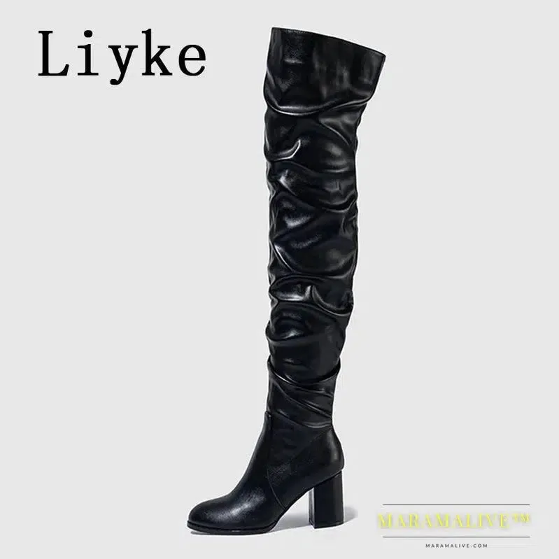 Black - Women's Boots Zip Over The Knee Thigh High Boots Fashion Pleated Leather Round Toe Square Heels Booties Shoes