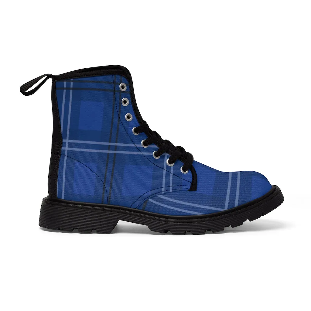 Blue Plaid Women's Canvas Boots, Royal Blue Tartan Plaid Print Designer Hiking Canvas Boots