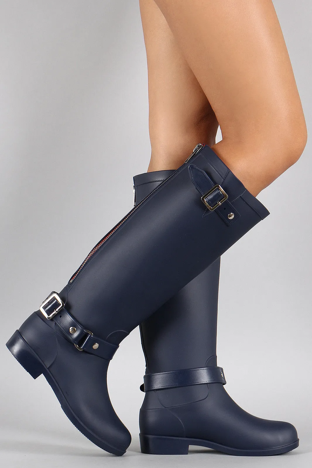 Buckle Contrast Zipper Knee High Rain Boot