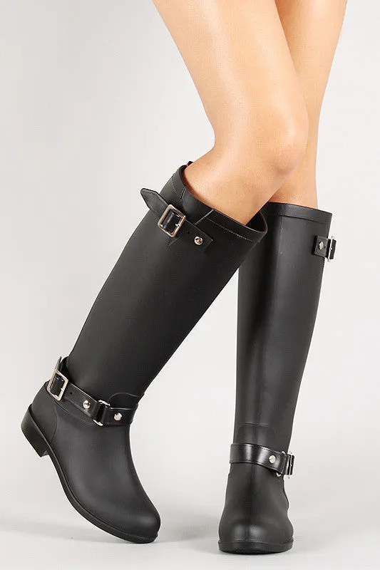 Buckle Contrast Zipper Knee High Rain Boot