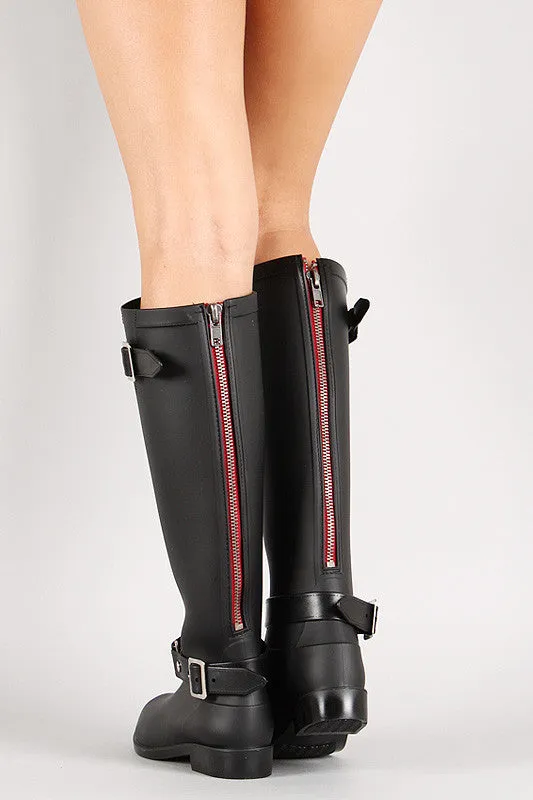 Buckle Contrast Zipper Knee High Rain Boot