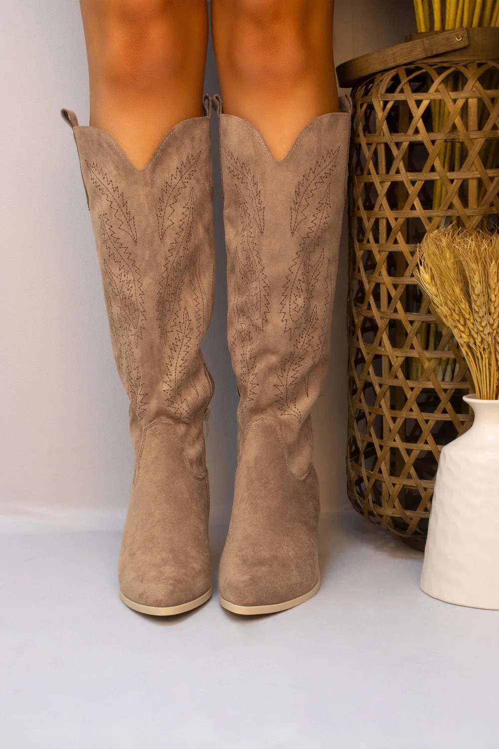 Camel Faux Suede Western Style Knee High Cowboy Boot