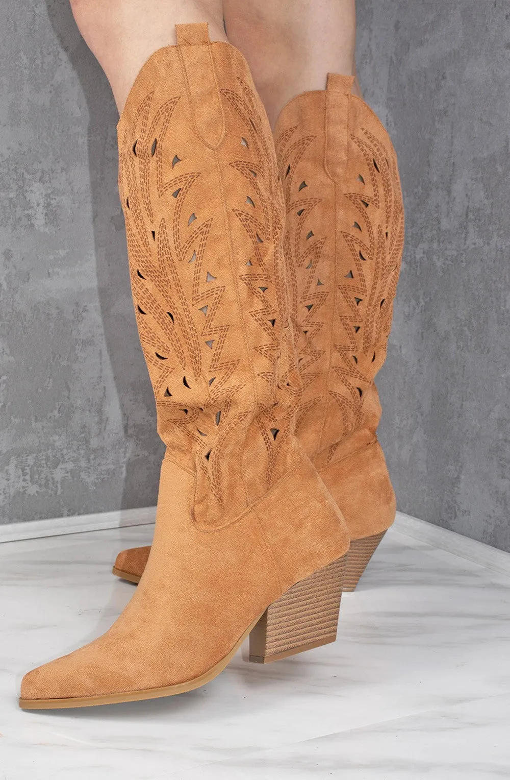 Camel Faux Suede Western Style Knee High Cut Out Cowboy Boot