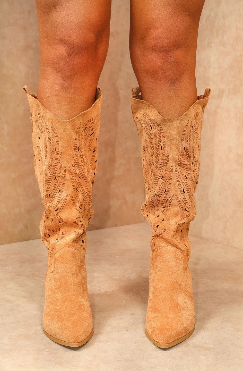 Camel Faux Suede Western Style Knee High Cut Out Cowboy Boot