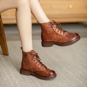 Chunky Wingtip Shoes Leather Carving Brogue Ankle Boot For Women Coffee/Brown/Green