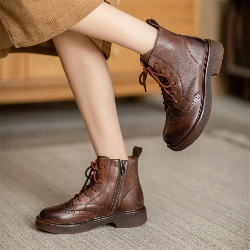 Chunky Wingtip Shoes Leather Carving Brogue Ankle Boot For Women Coffee/Brown/Green