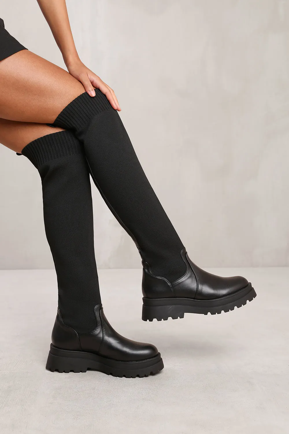 CLEO KNEE HIGH KNITTED SOCK BOOT IN BLACK