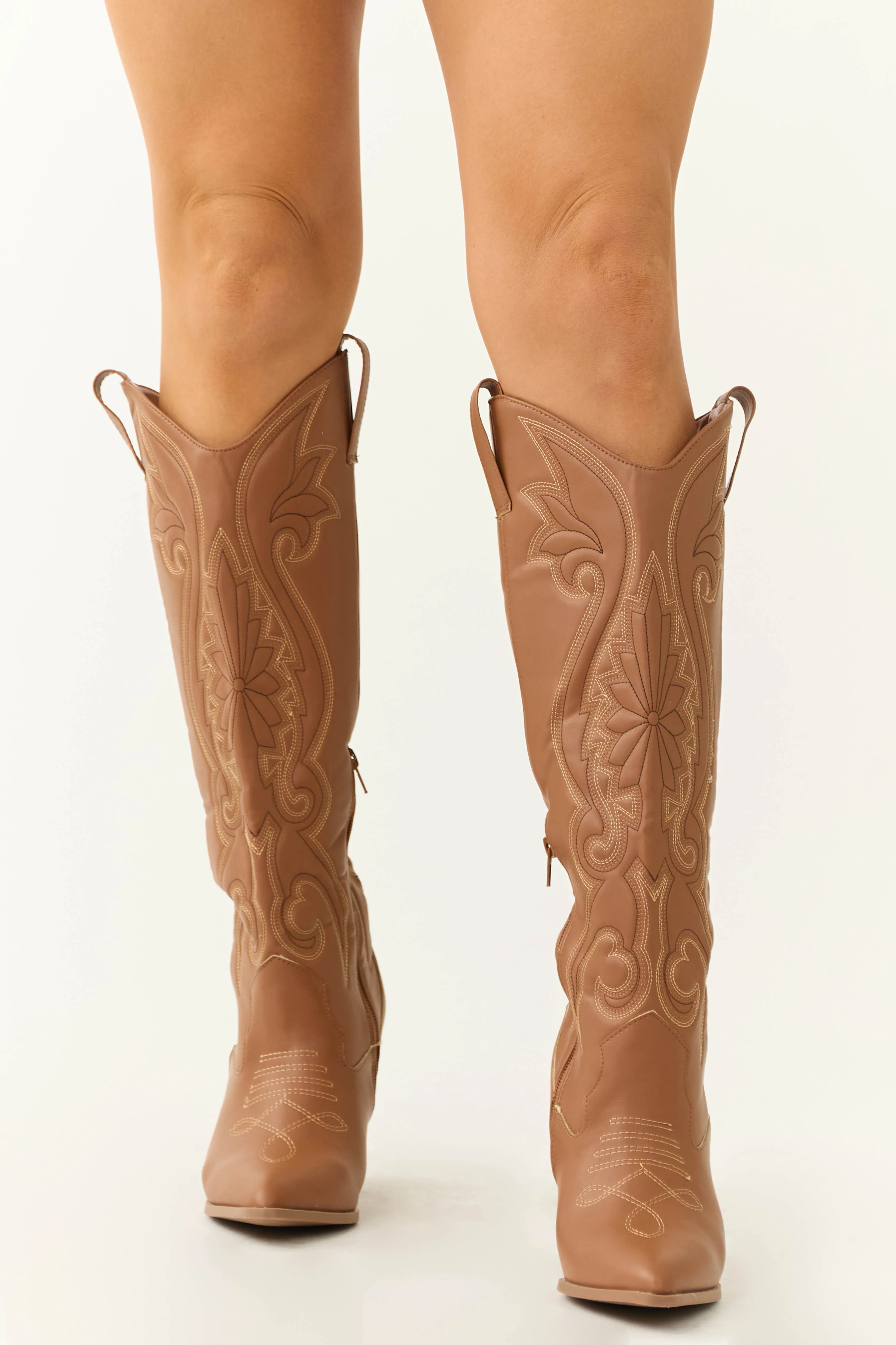 Cognac Knee High Embroidered Western Boots