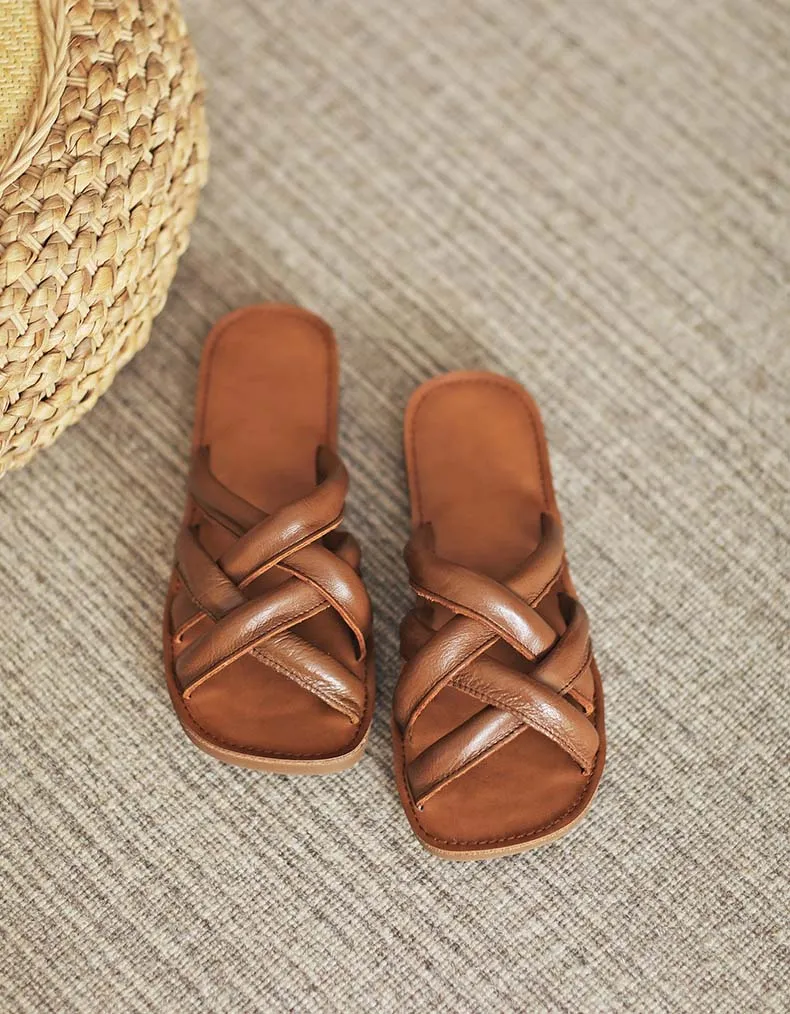 Comfortable Cross Straps Leather Slippers