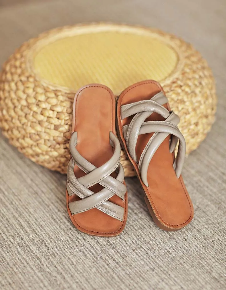 Comfortable Cross Straps Leather Slippers