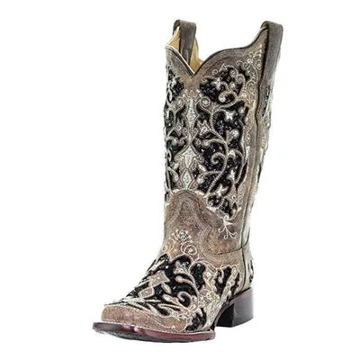 Corral Womens Black Sequin Inlay Cowboy Square Toe Boots A3648