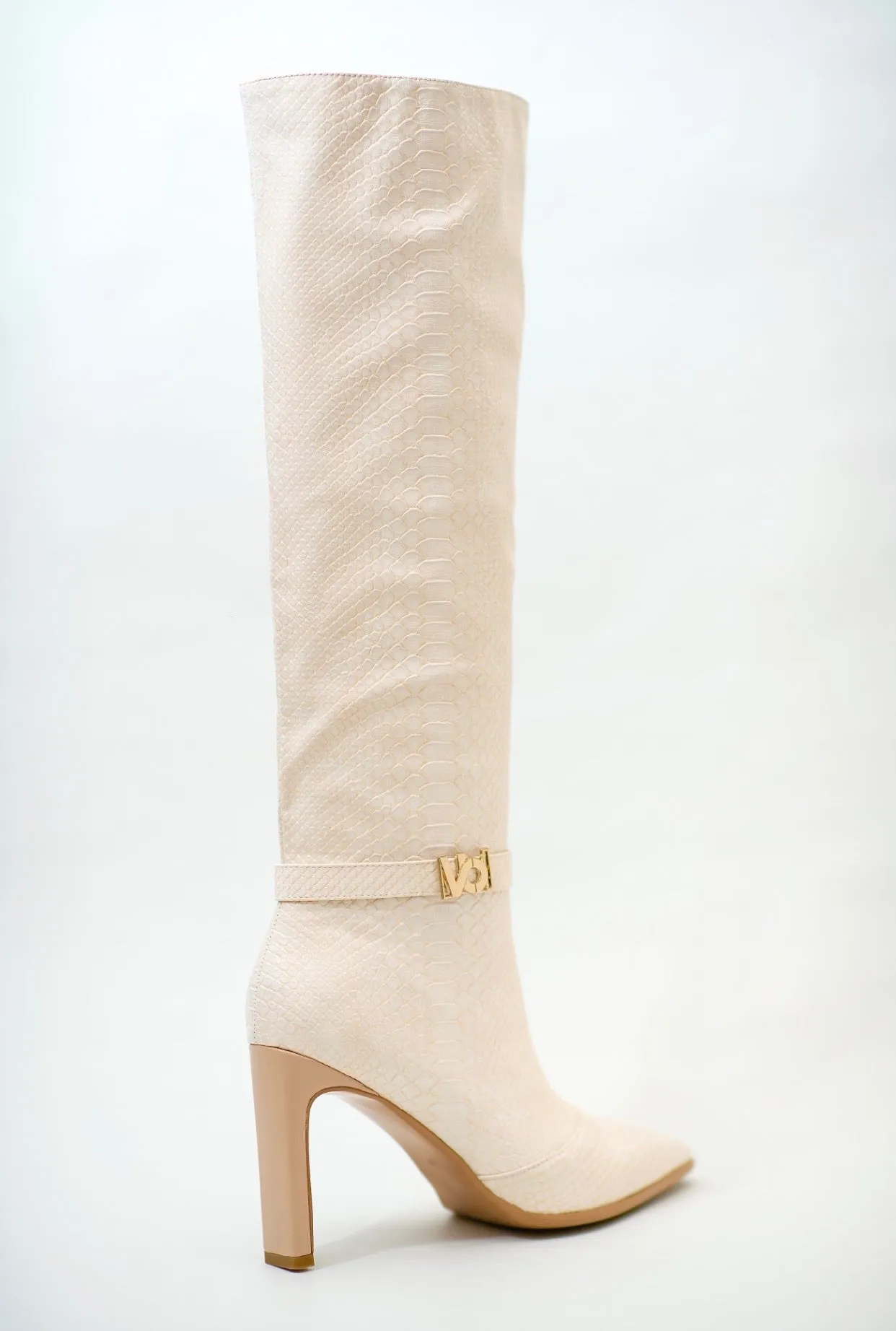 Croc Effect Knee High Boots in Cream Chameleon