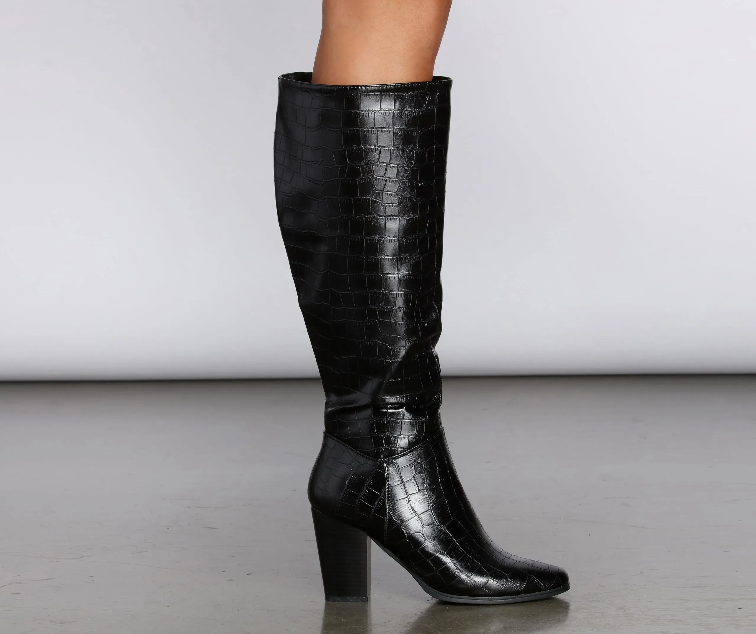 Crocodile Embossed Knee High Boots