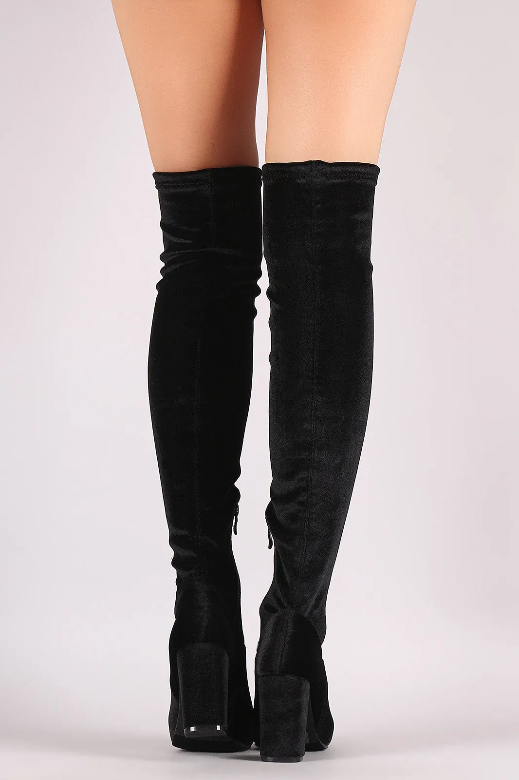 Crushed Velvet Chunky Heeled Over-The-Knee Boots