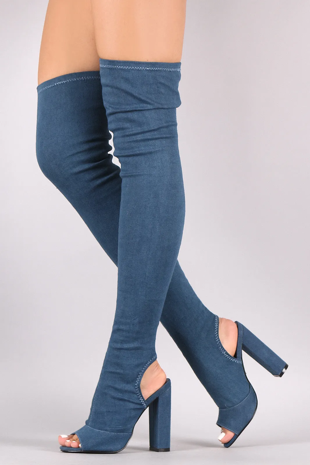 Cutaway Heel Fitted Over-The-Knee Denim Boots