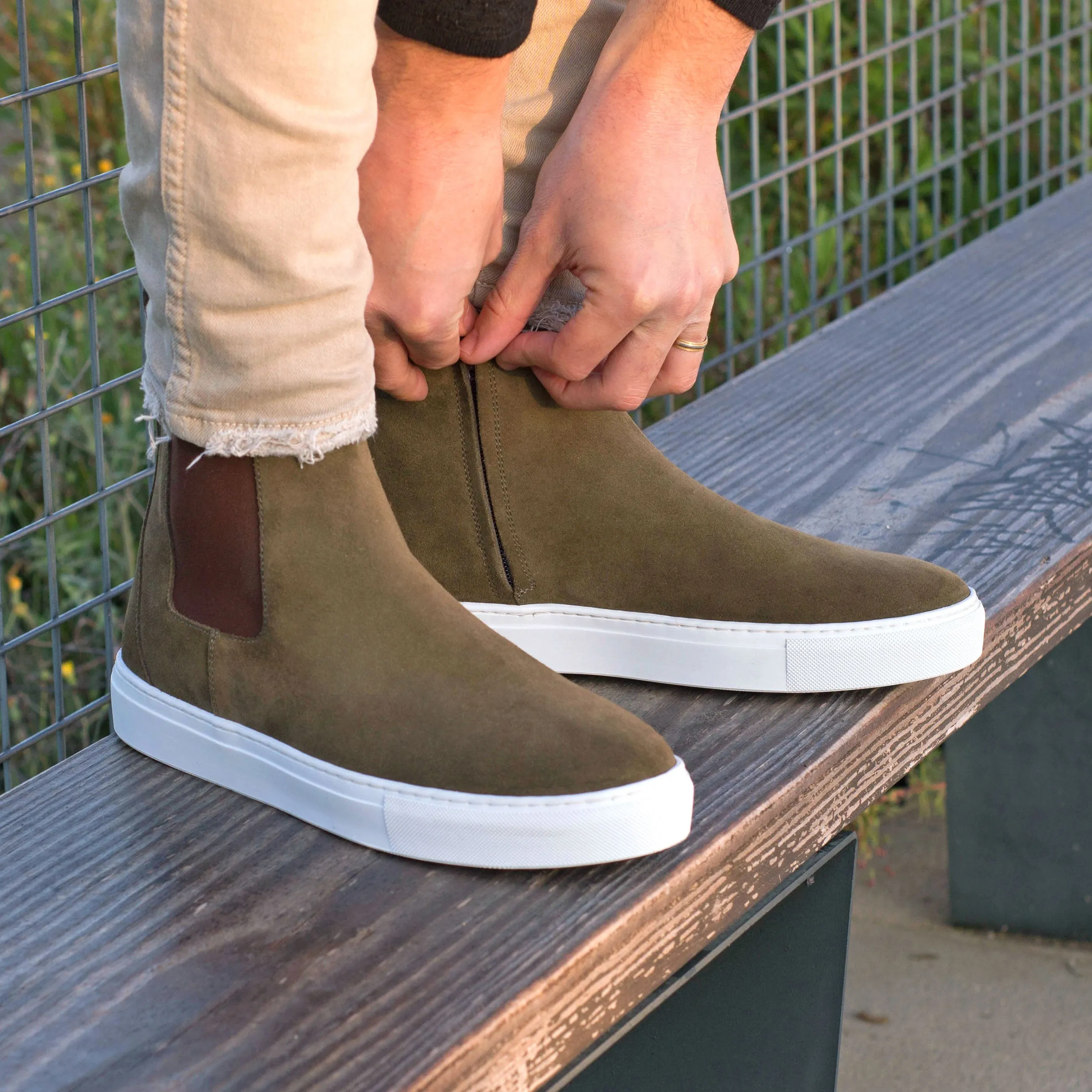 DapperFam Gallant in Khaki Men's Lux Suede Chelsea Sport