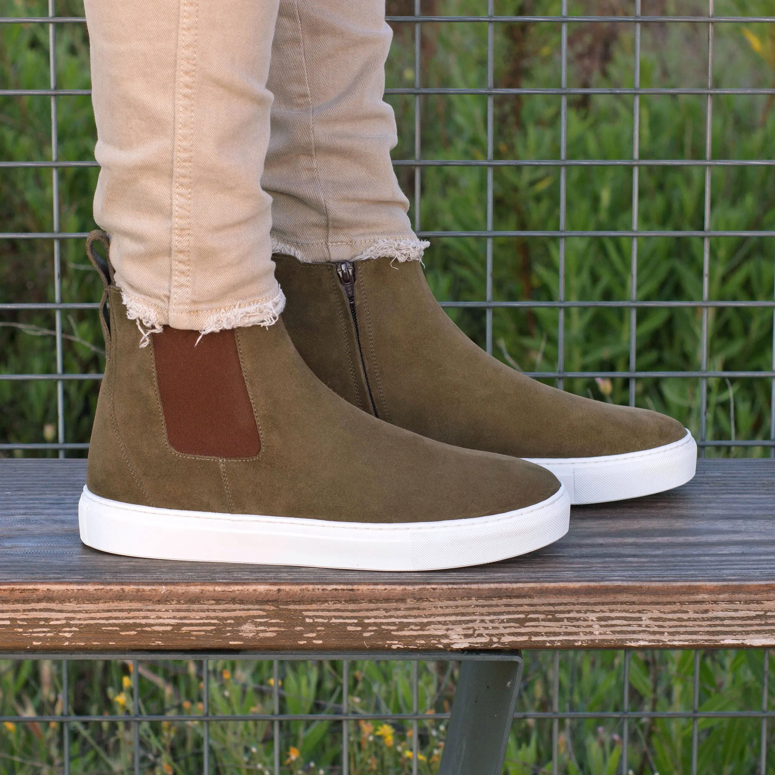 DapperFam Gallant in Khaki Men's Lux Suede Chelsea Sport