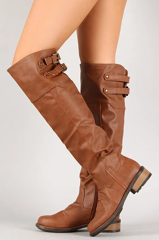 Distressed Buckle Round Toe Riding Knee High Boot