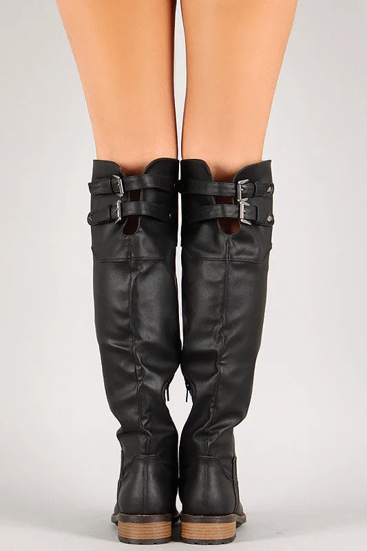 Distressed Buckle Round Toe Riding Knee High Boot