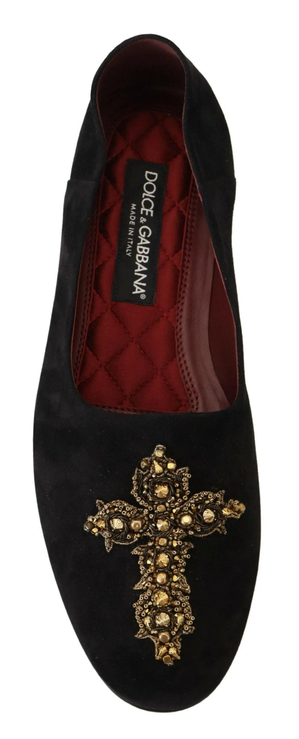 Dolce & Gabbana Black Suede Gold Cross Slip On Loafers Shoes