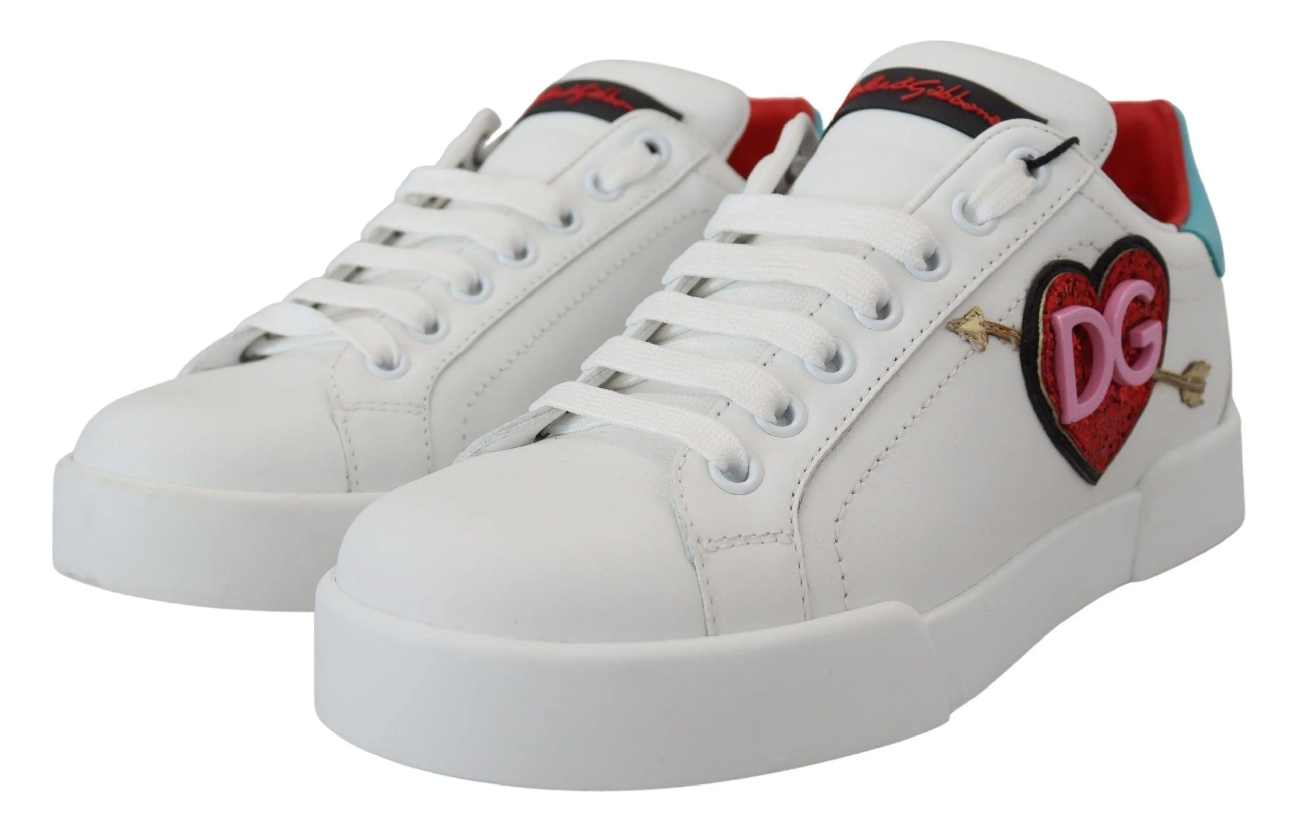 Dolce & Gabbana White Leather Sneaker Portofino Logo Heart Shoes