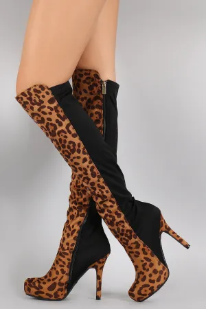 Dollhouse Leopard Lycra Panel Stiletto Over-The-Knee Boots