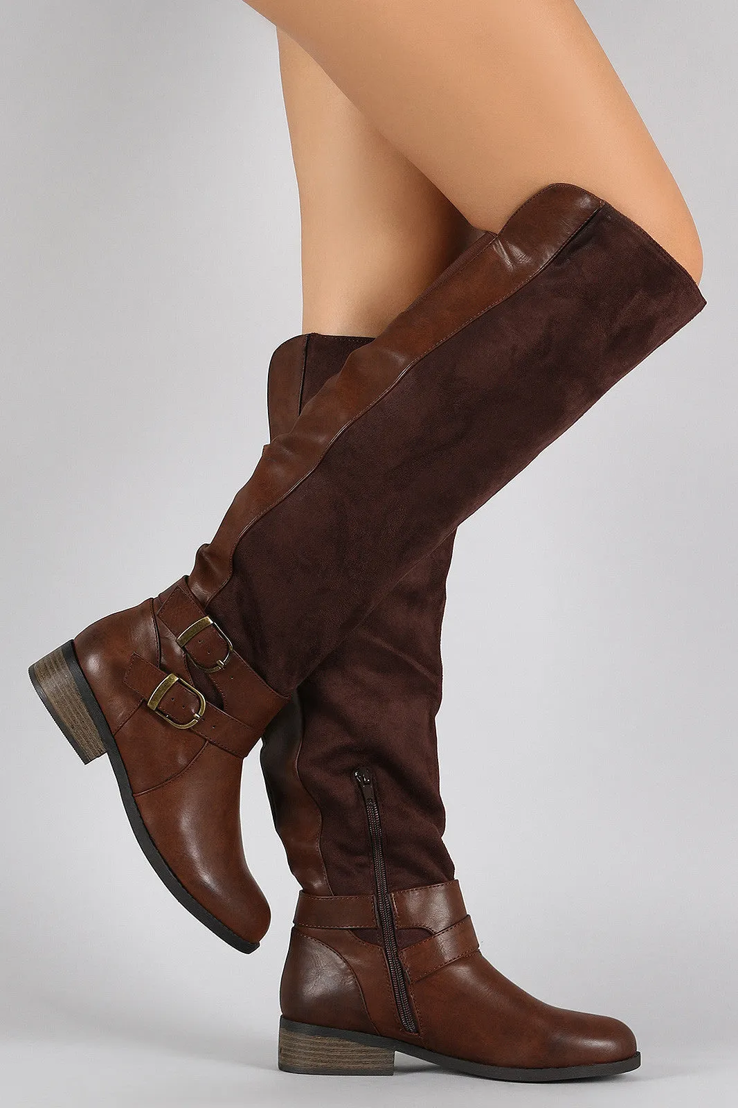 Double Buckle Suede Contrast Riding Knee High Boots