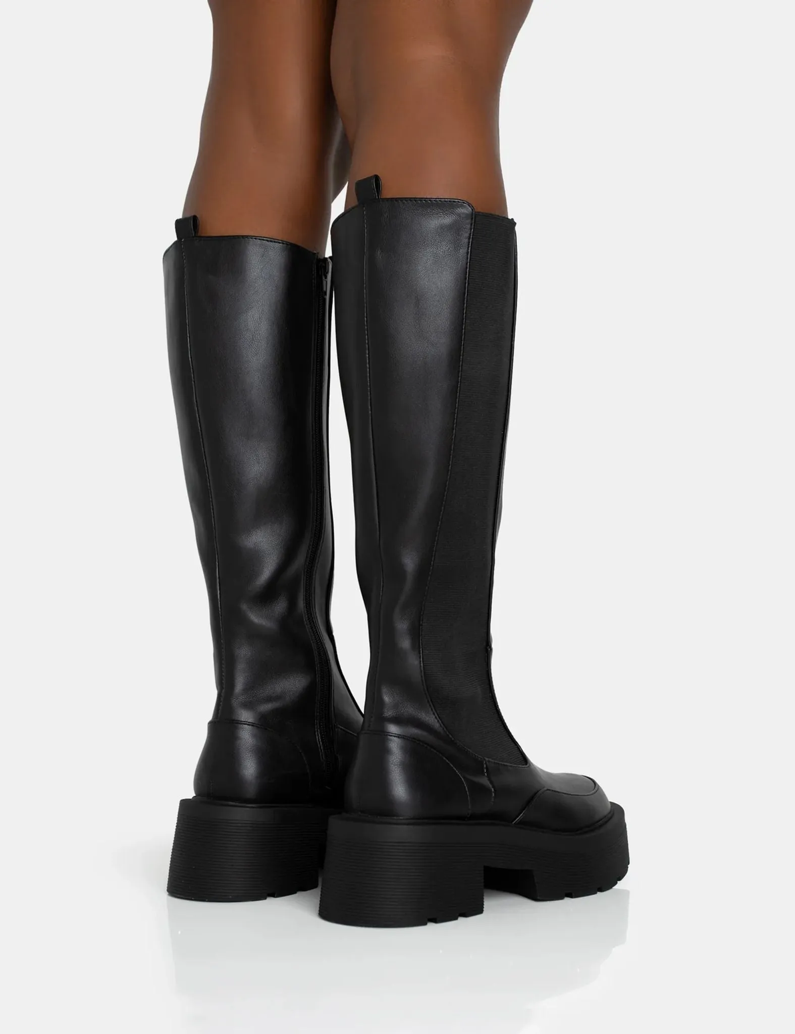 Evergreen Black Pu Wide Fit Knee High Elasticated Detail Chunky Heeled Sole Boots