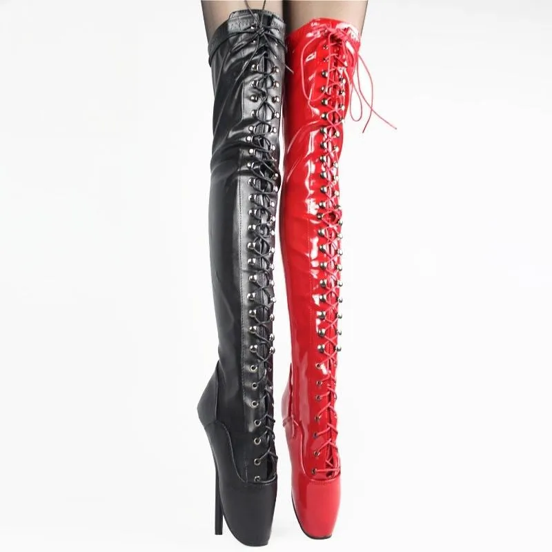 Extreme 18cm High Heel Over The Knee Lace Up Ballet Boots