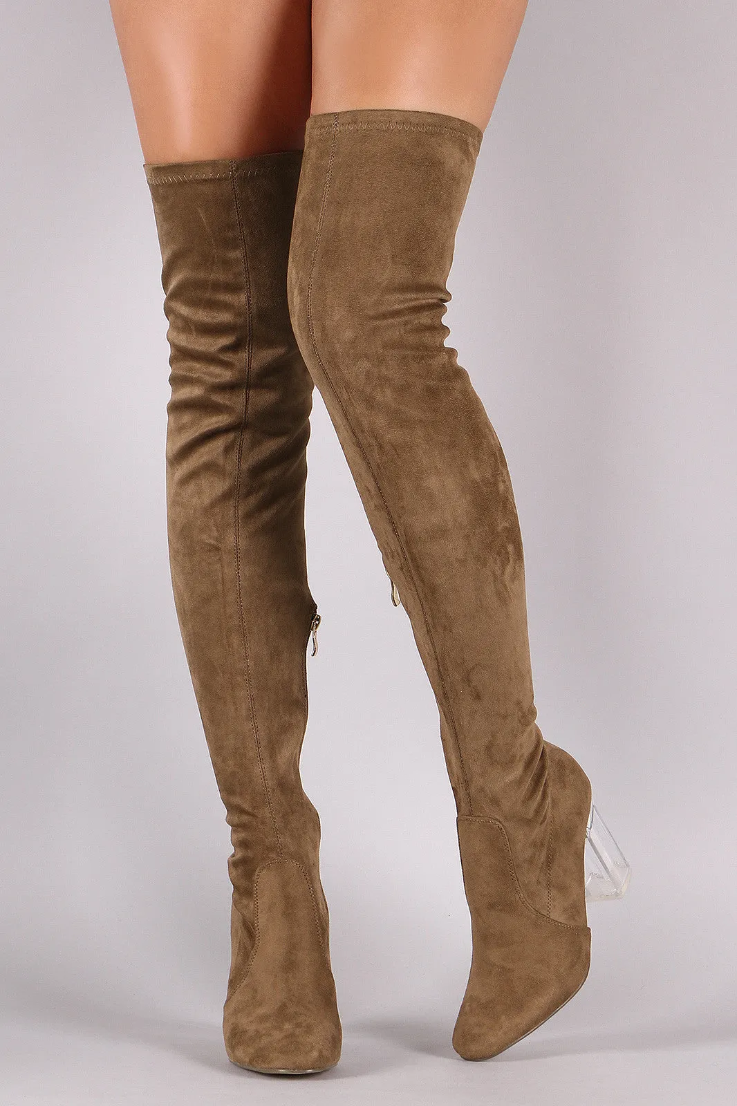 Fitted Suede Lucite Chunky Heeled Over-The-Knee Boots