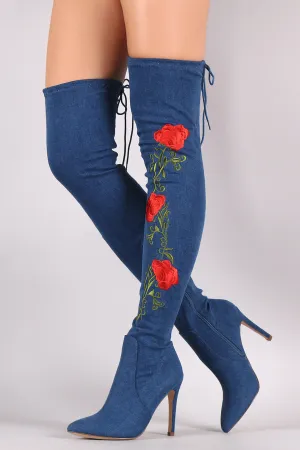 Floral Embroidered Denim OTK Boots