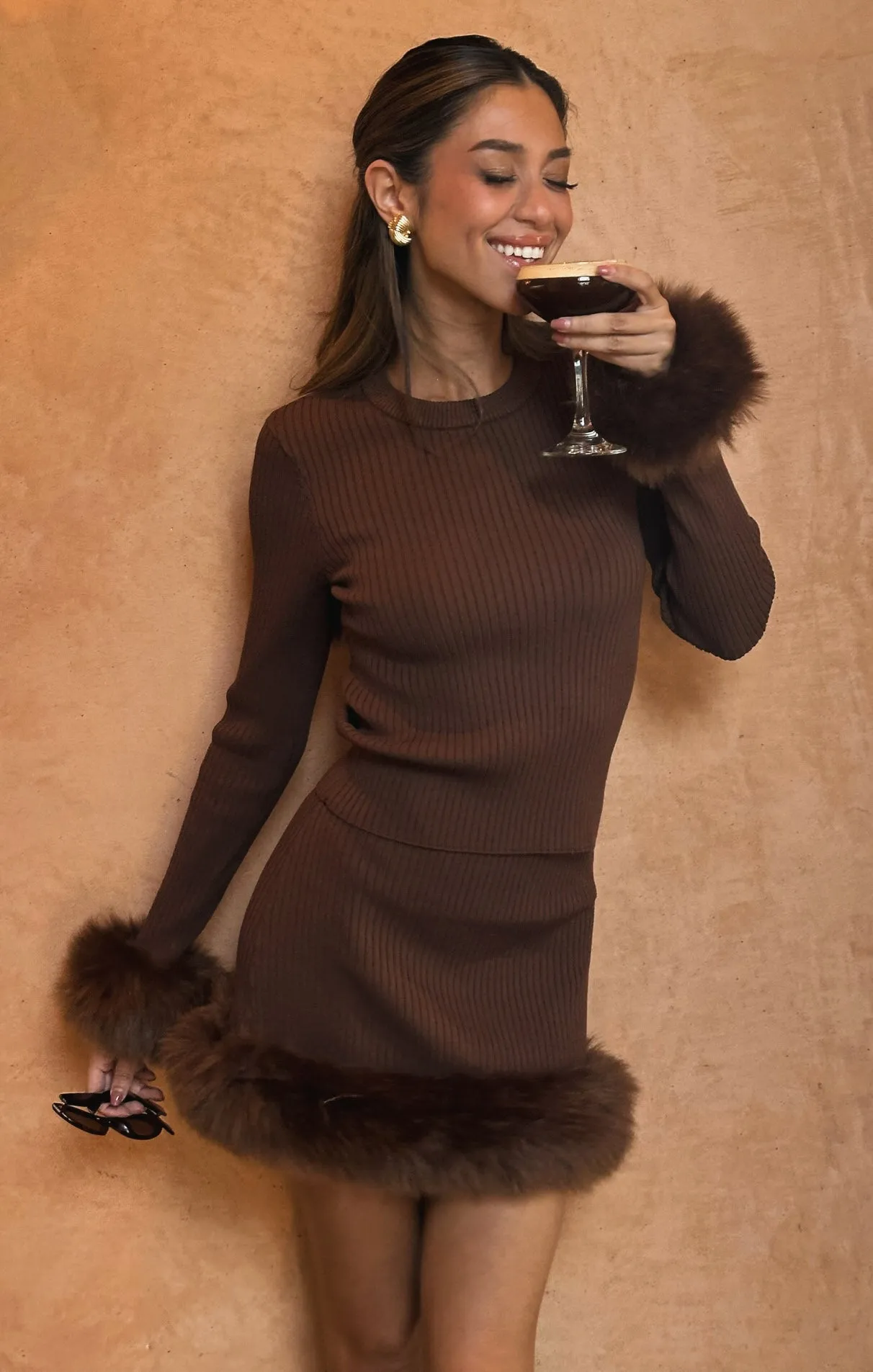 Fran Mini Skirt ~ Chocolate Rib with Faux Fur