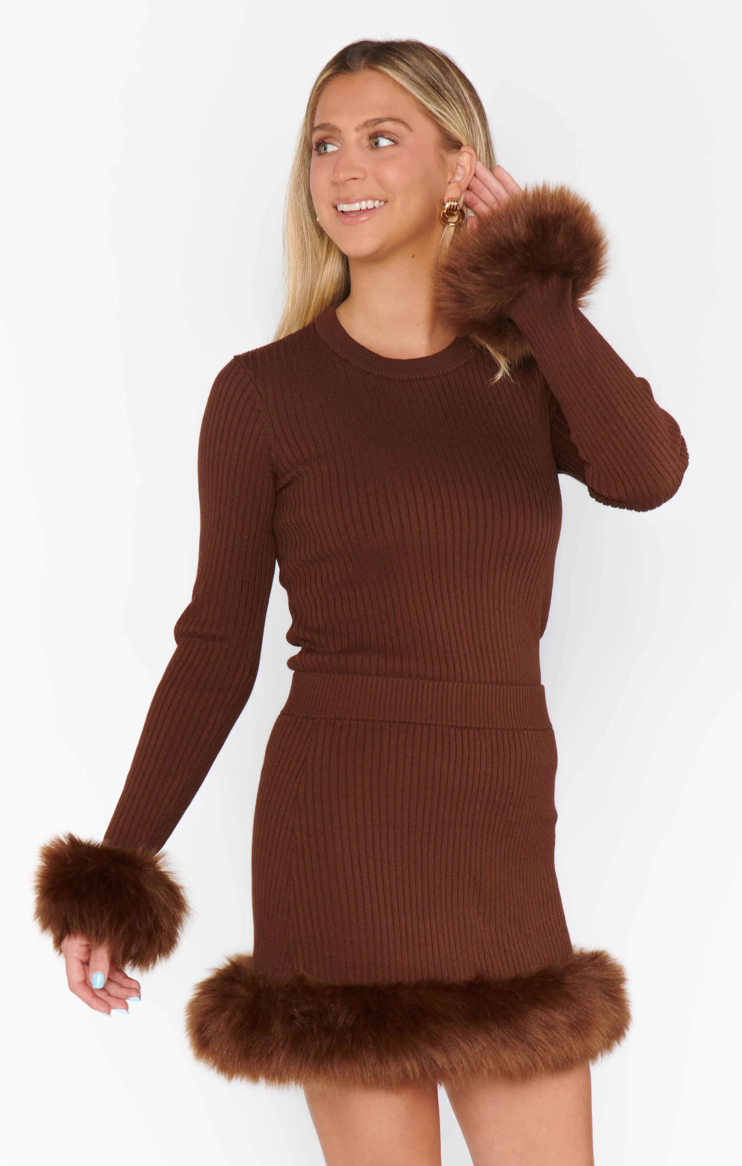 Fran Mini Skirt ~ Chocolate Rib with Faux Fur